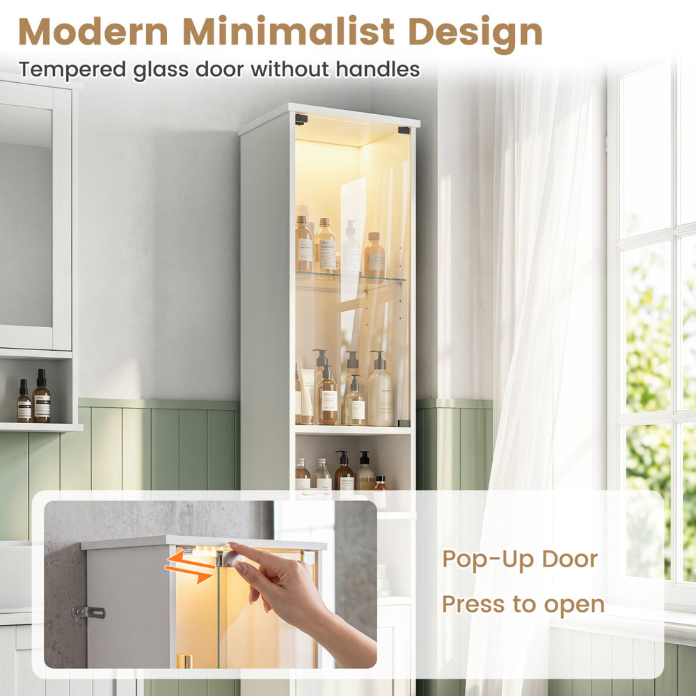 Tall bathroom storage cabinet with LED lights, adjustable shelves, and a push-to-open tempered glass door for easy access.