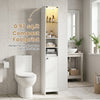 Tall bathroom storage cabinet in white with LED lights, adjustable shelves, and compact design for small spaces.