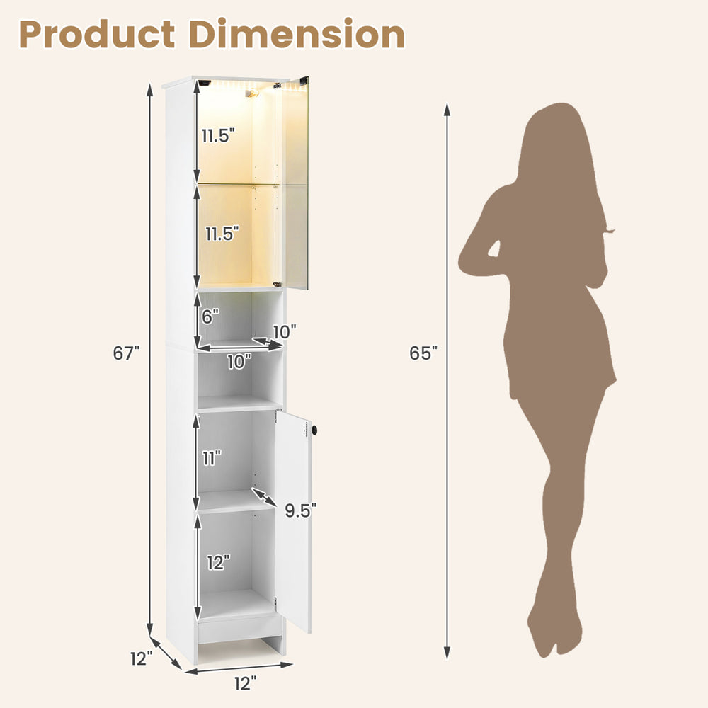 Tall bathroom storage cabinet with LED lights, adjustable shelves, and a sleek white finish, ideal for compact spaces.