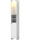 Tall bathroom storage cabinet in white with LED lights, adjustable shelves, and a push-to-open glass door for easy access.
