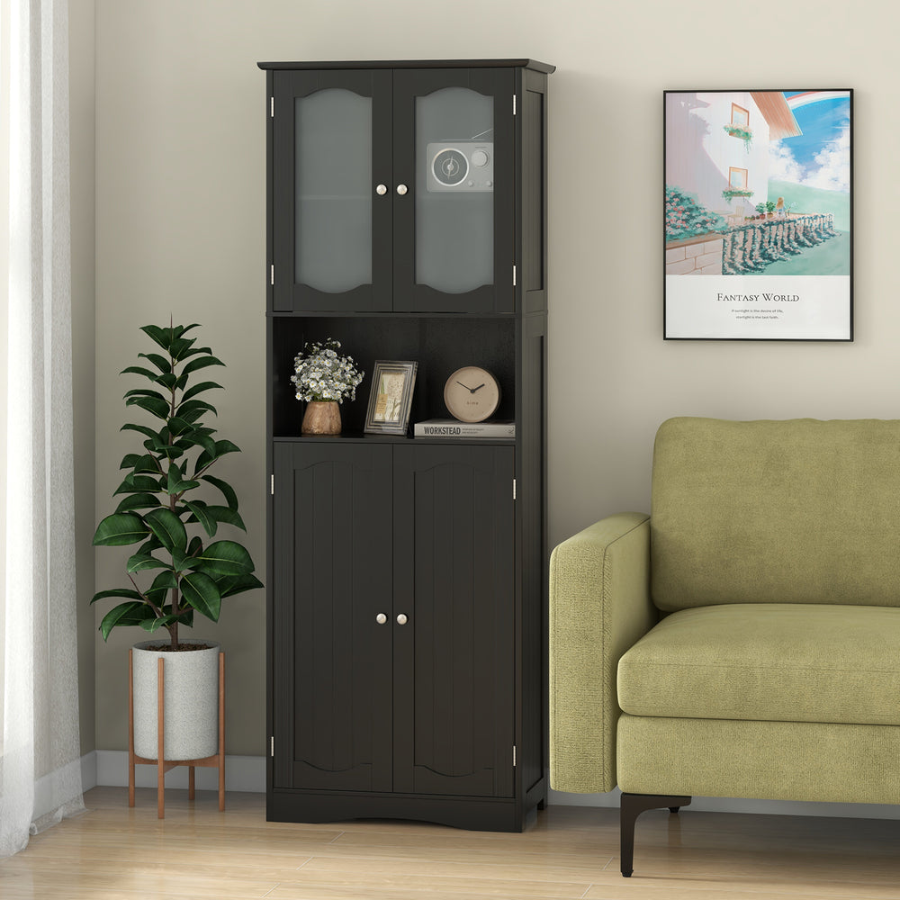 64.5 Inches Tall Bathroom Storage Cabinet with Frost Glass Doors and Shelves-Black - Gallery View 1 of 10