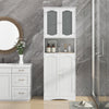 Tall white bathroom storage cabinet with frost glass doors, adjustable shelves, and classic design for versatile decor.