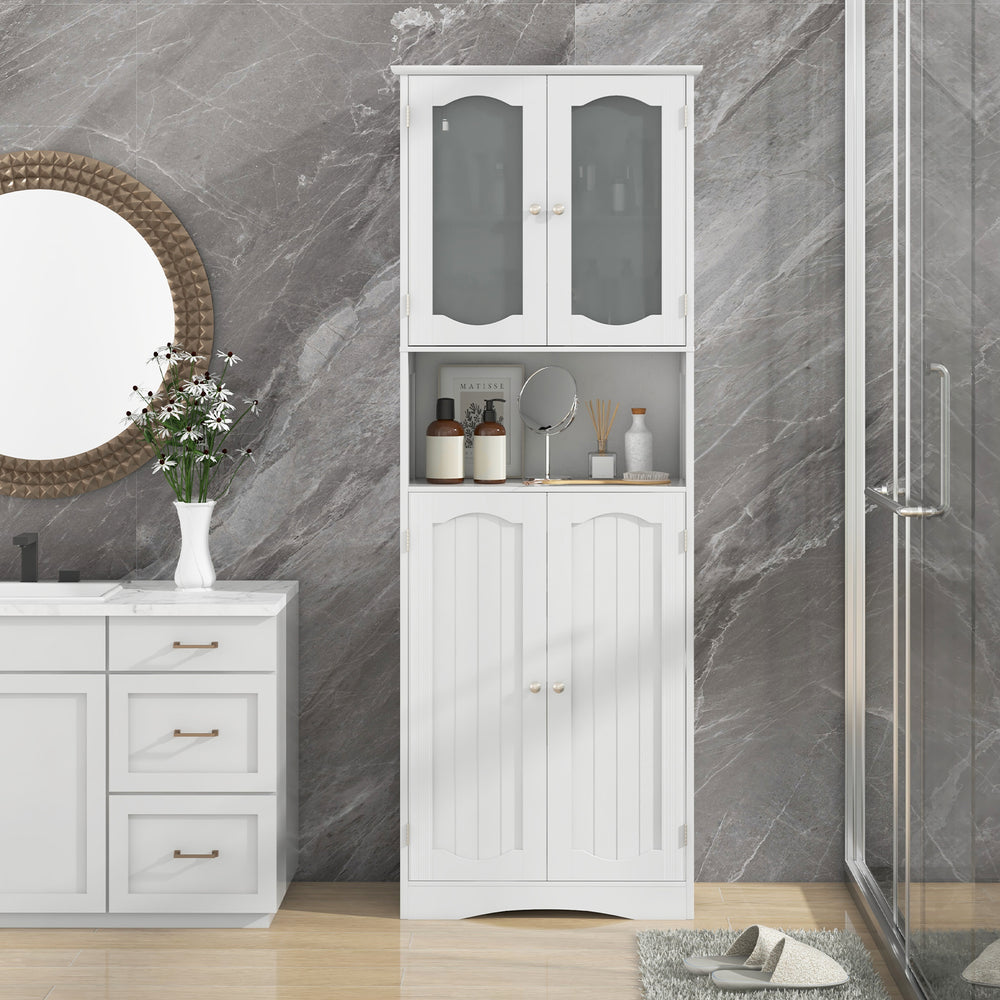 Tall white bathroom storage cabinet with frost glass doors, adjustable shelves, and classic design for versatile decor.