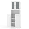 Tall white bathroom storage cabinet with frost glass doors, adjustable shelves, and classic design for versatile use.