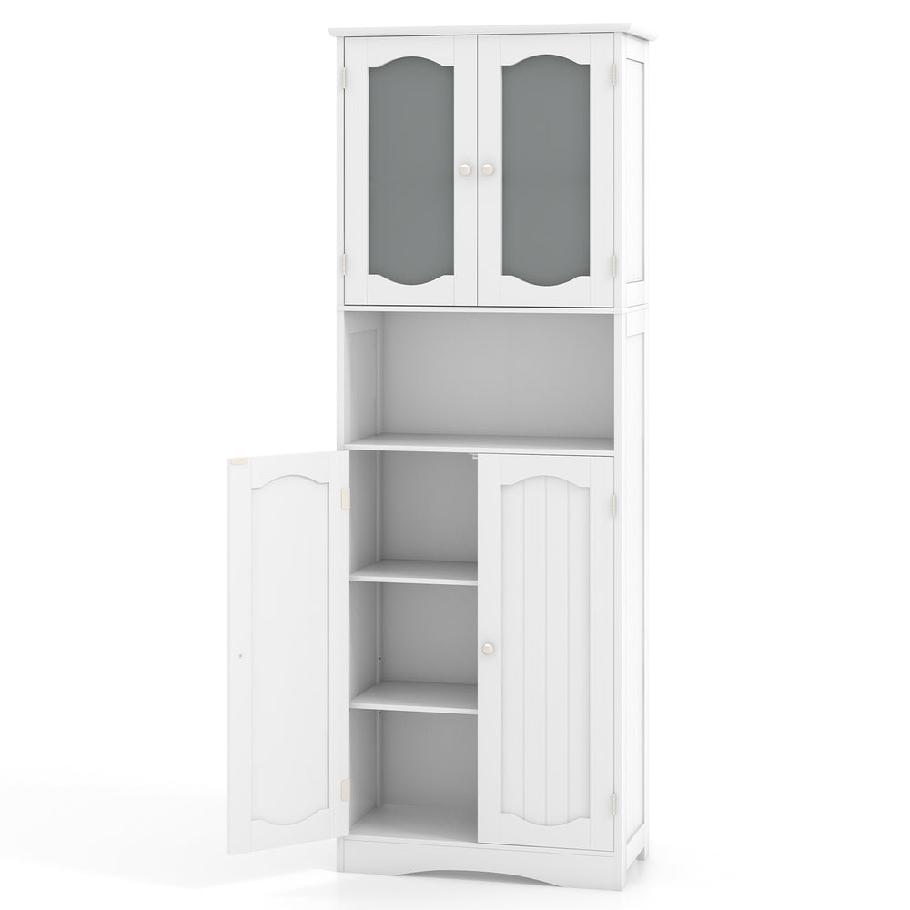 Tall white bathroom storage cabinet with frost glass doors, adjustable shelves, and classic design for versatile use.