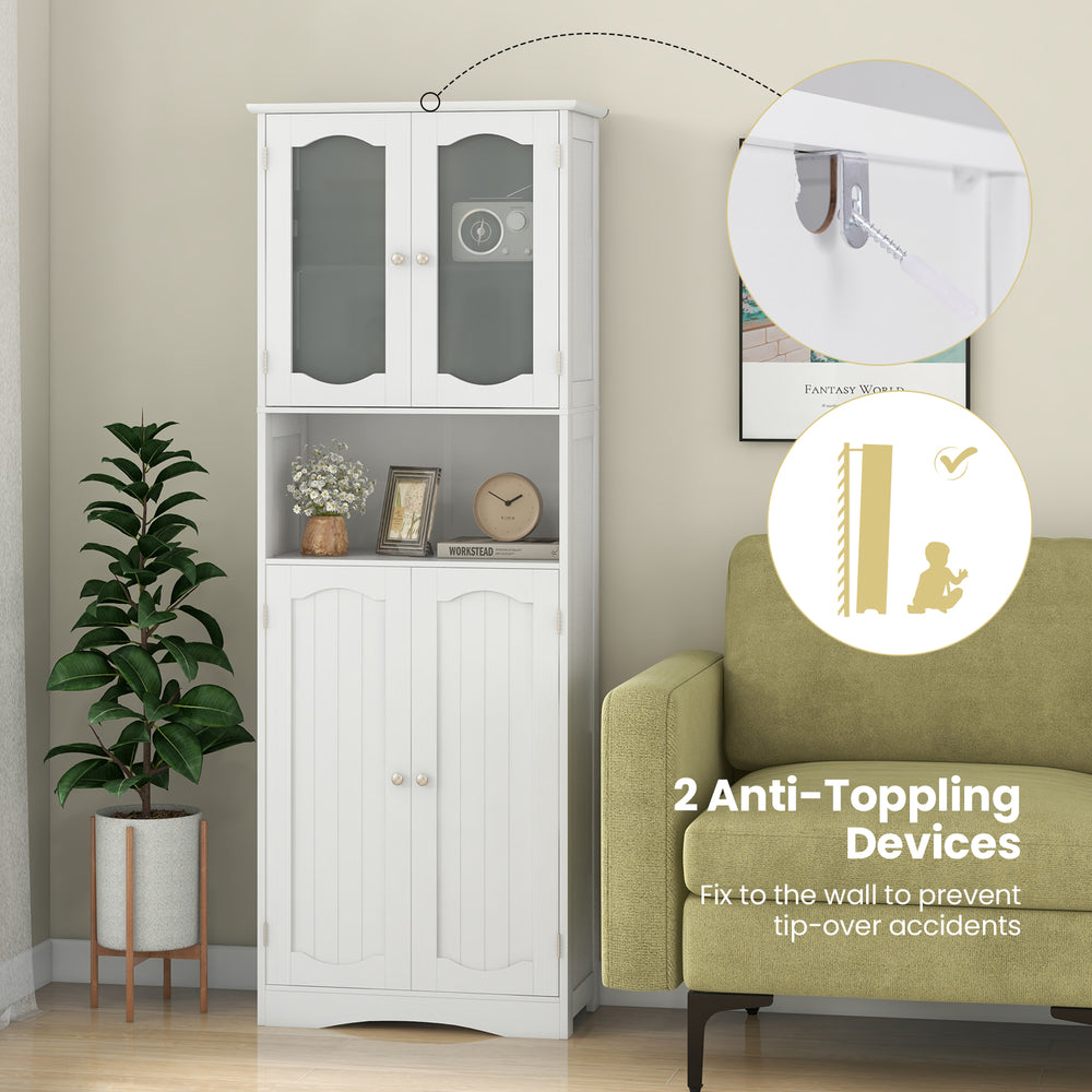 Tall white bathroom storage cabinet with frost glass doors, adjustable shelves, and anti-tipping devices for safety.
