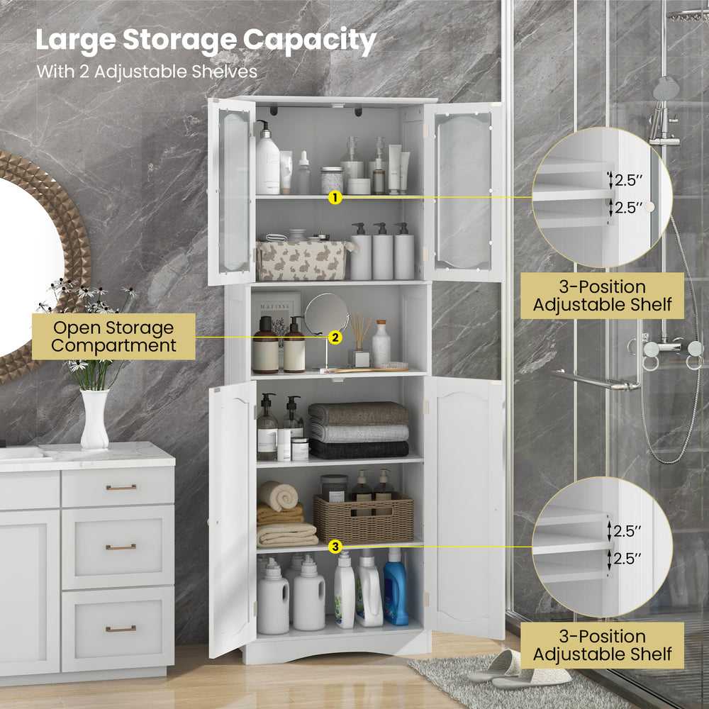 Tall white bathroom storage cabinet with frost glass doors, featuring large capacity and adjustable shelves for.