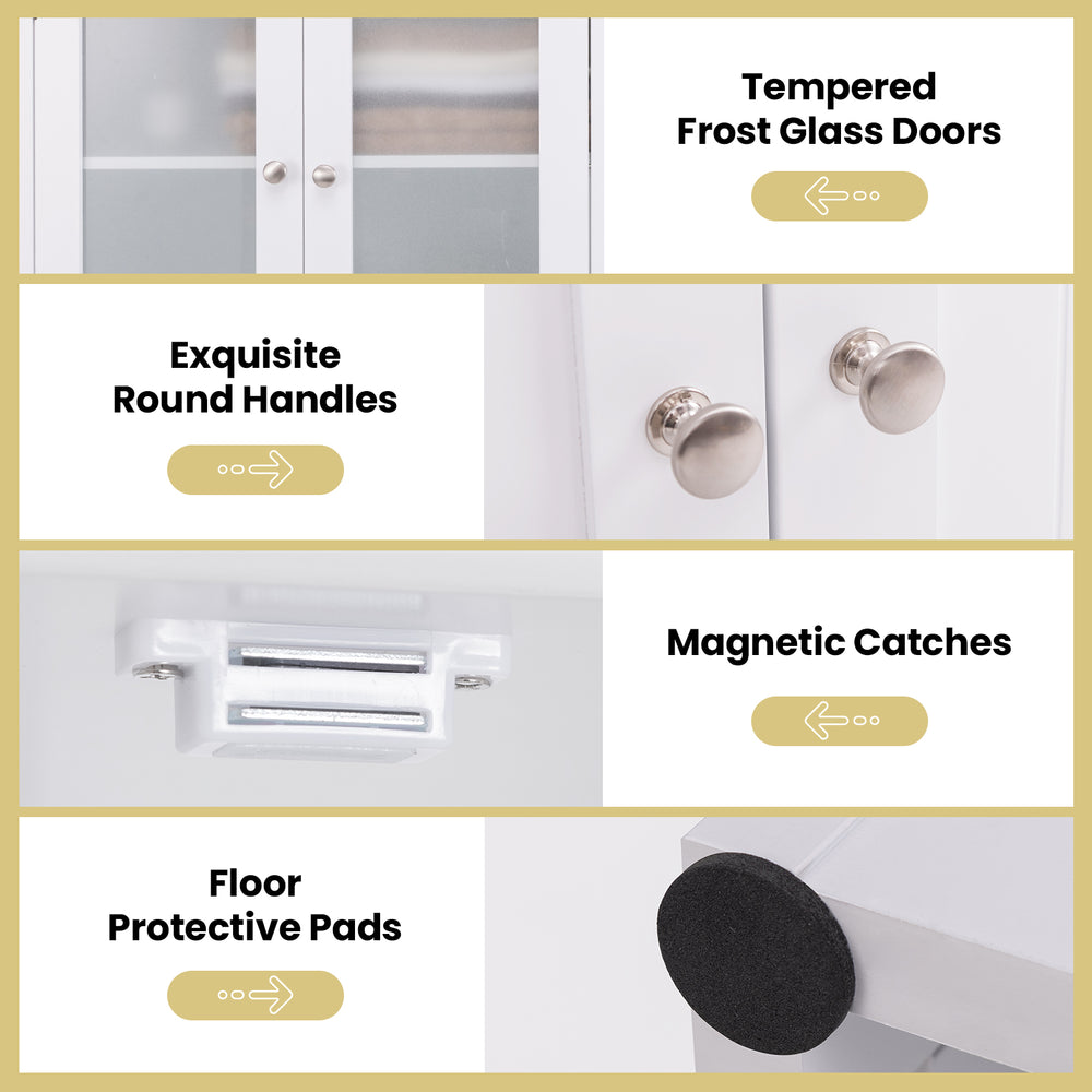 64.5-inch tall bathroom storage cabinet with tempered frost glass doors, adjustable shelves, and exquisite round.