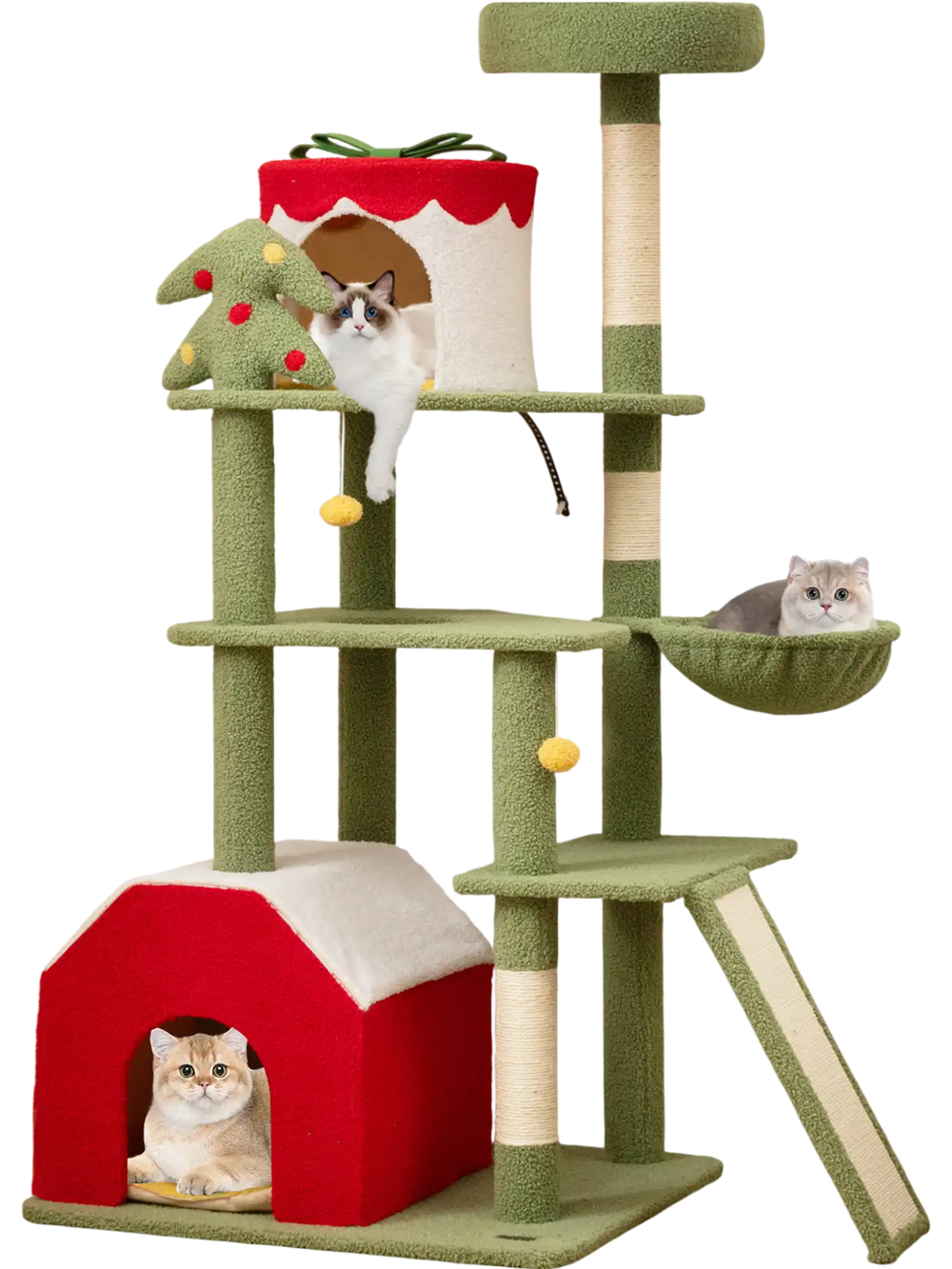 Cute 61-inch Christmas cat tree in green with condos, sisal scratching posts, and plush top perch for playful kittens.