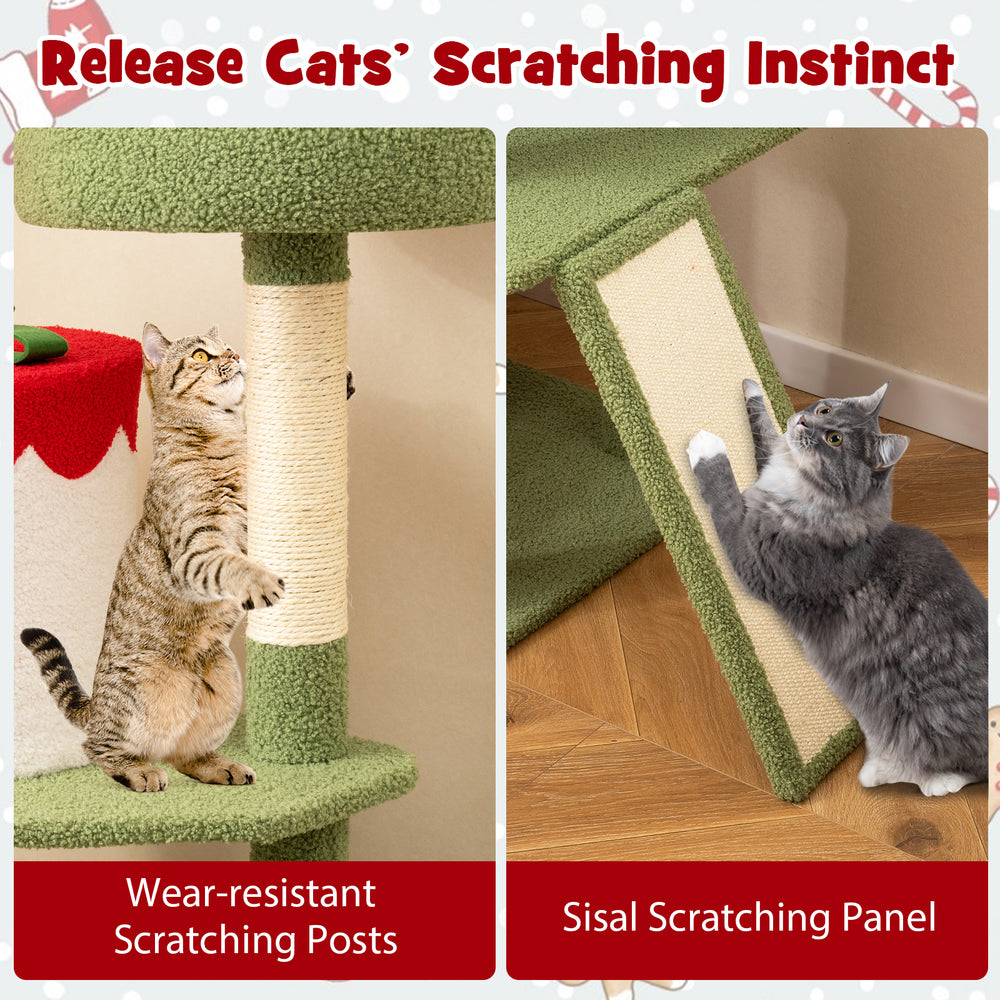 Sisal scratching panel and wear-resistant scratching post on a 61-inch green Christmas cat tree for playful kittens.