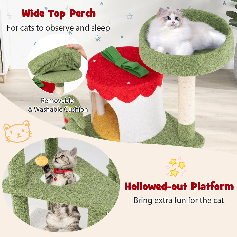 Wide top perch and hollowed-out platform of a 61-inch green Christmas cat tree with removable cushion for playful.