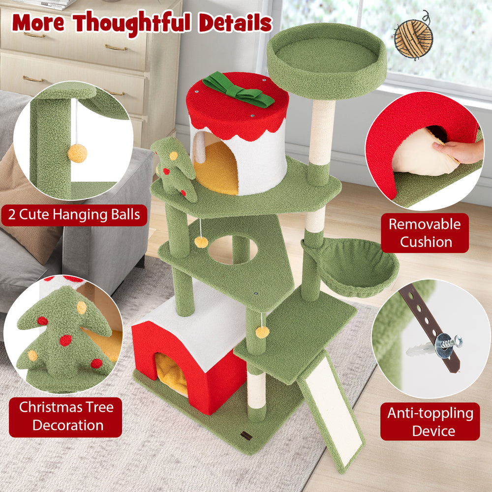 Cute Christmas cat tree with sisal scratching posts, removable cushion, and two condos for playful kittens.