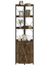 Rustic brown tall corner storage cabinet with a single door for concealed storage, perfect for books and decorative items.