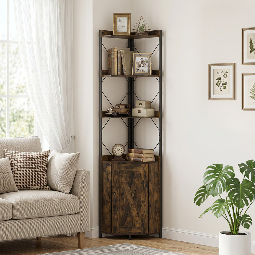 Tall corner storage cabinet in rustic brown featuring 3 open shelves and an enclosed cabinet for organized display and storage.