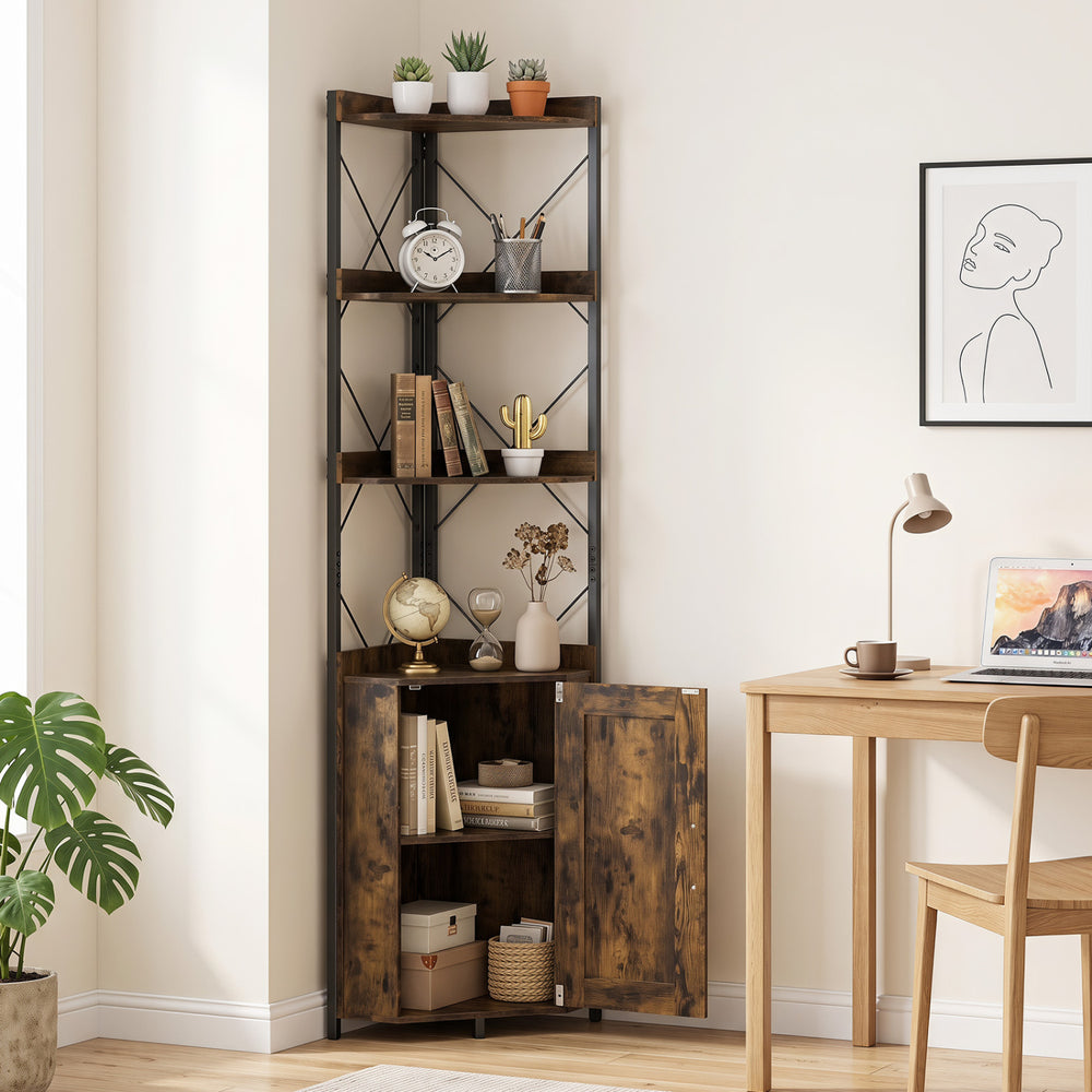 Rustic brown tall corner storage cabinet featuring 3 open shelves and an enclosed cabinet for organized storage in small spaces.