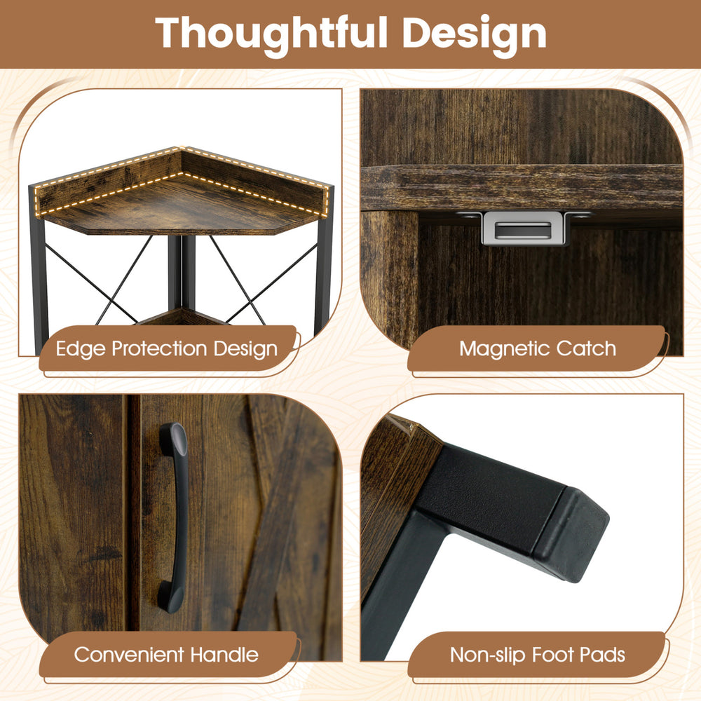 Tall corner storage cabinet in rustic brown featuring 3-tier shelves, enclosed cabinet, and non-slip foot pads for stability.