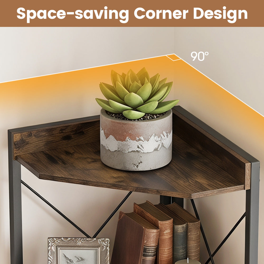 Tall corner storage cabinet with 3-tier shelf in rustic brown, ideal for organizing books and potted plants in tight spaces.