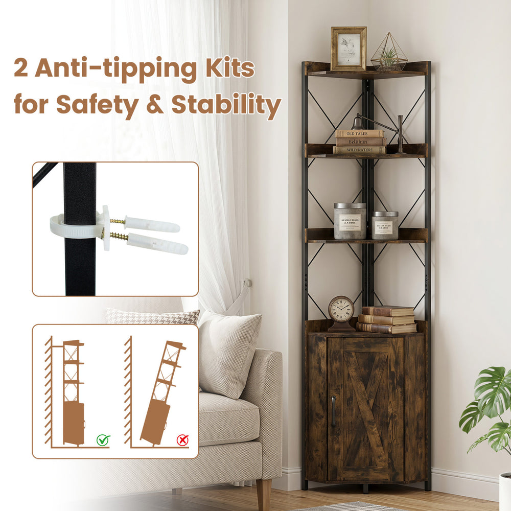 Tall corner storage cabinet in rustic brown featuring 3-tier shelves and enclosed cabinet for organized storage.