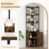 Tall corner storage cabinet in rustic brown featuring 3 open shelves and an enclosed cabinet for organized storage.
