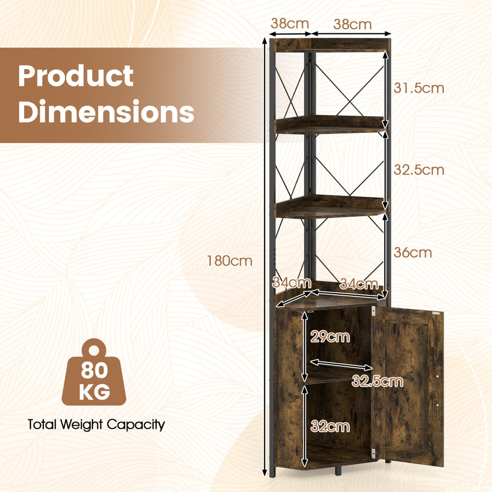 Tall corner storage cabinet in rustic brown with 3-tier shelves and enclosed cabinet, ideal for space-saving organization.