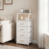 Tall dresser with four fabric drawers and metal frame in white, featuring two open shelves for versatile storage solutions.