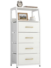 Tall dresser with 4 fabric drawers and metal frame in white, featuring open shelves for storage and decorative items.