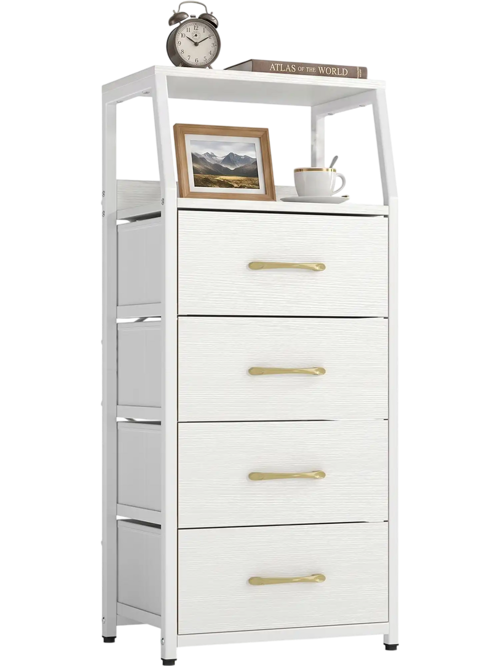 Tall dresser with 4 fabric drawers and metal frame in white, featuring open shelves for storage and decorative items.