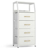 Tall dresser with 4 fabric drawers and metal frame, featuring open shelves for storage and a stylish white finish.