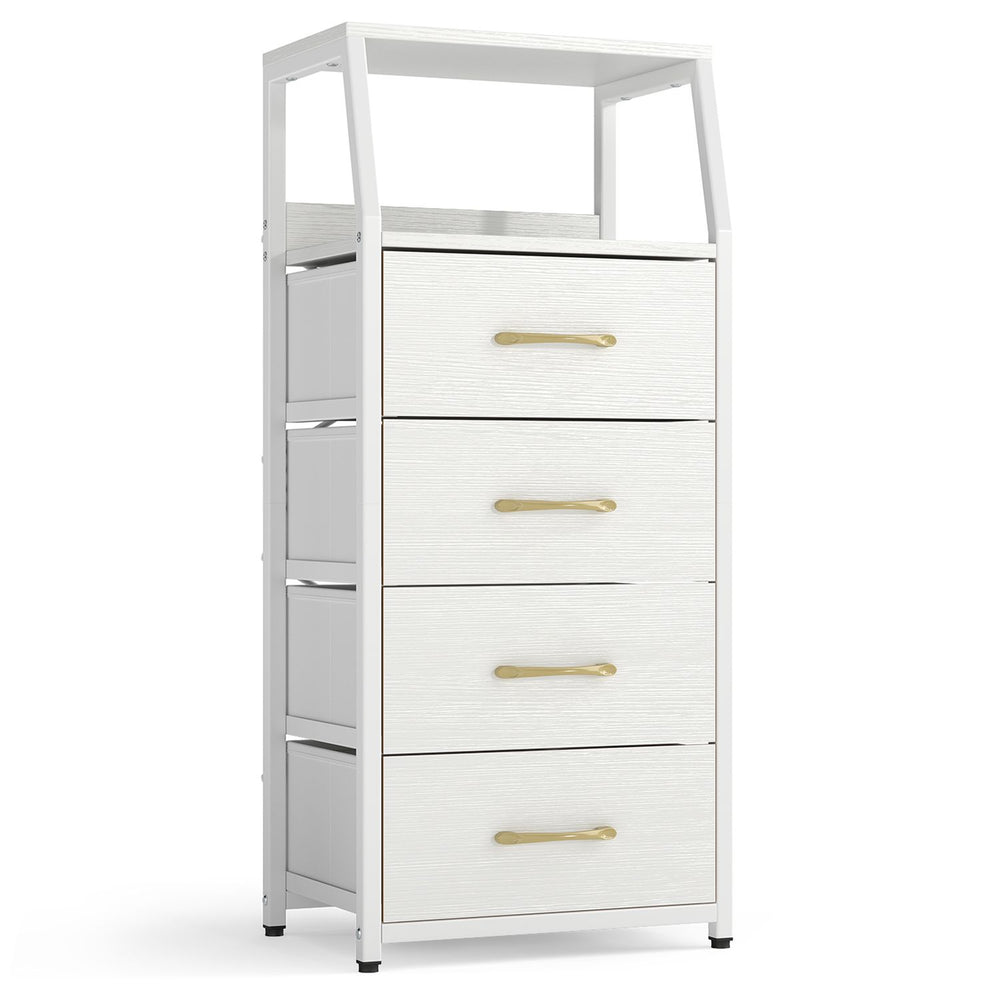 Tall dresser with 4 fabric drawers and metal frame, featuring open shelves for storage and a stylish white finish.