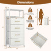 Tall dresser with 4 fabric drawers and metal frame features 2 open shelves for versatile storage in a bedroom setting.