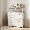 Tall dresser in white with 4 fabric drawers and 2 open shelves, perfect for bedroom storage and organization.