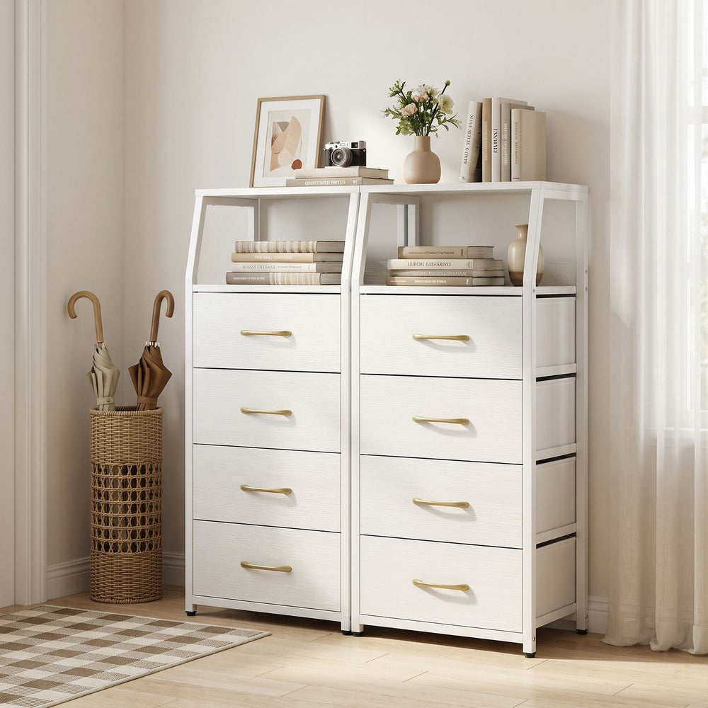 Tall dresser in white with 4 fabric drawers and 2 open shelves, perfect for bedroom storage and organization.