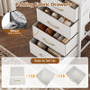 Tall dresser with 4 folding fabric drawers and metal frame, providing ample storage for clothes and decorations in white.