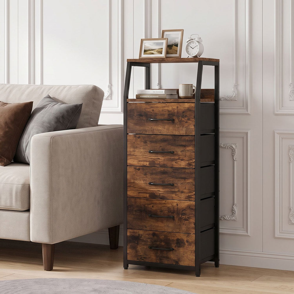 Tall dresser in rustic brown with 5 fabric drawers and 2 open shelves, ideal for stylish and organized bedroom decor.