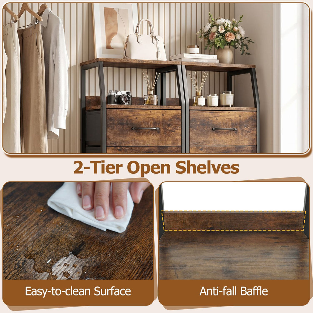 Tall dresser with 5 fabric drawers and 2-tier open shelves, featuring an easy-to-clean surface and anti-fall baffle.