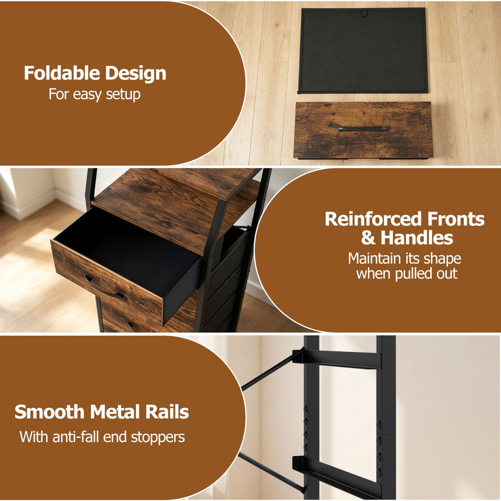 Tall dresser with 5 fabric drawers in rustic brown features foldable design and reinforced handles for easy organization.