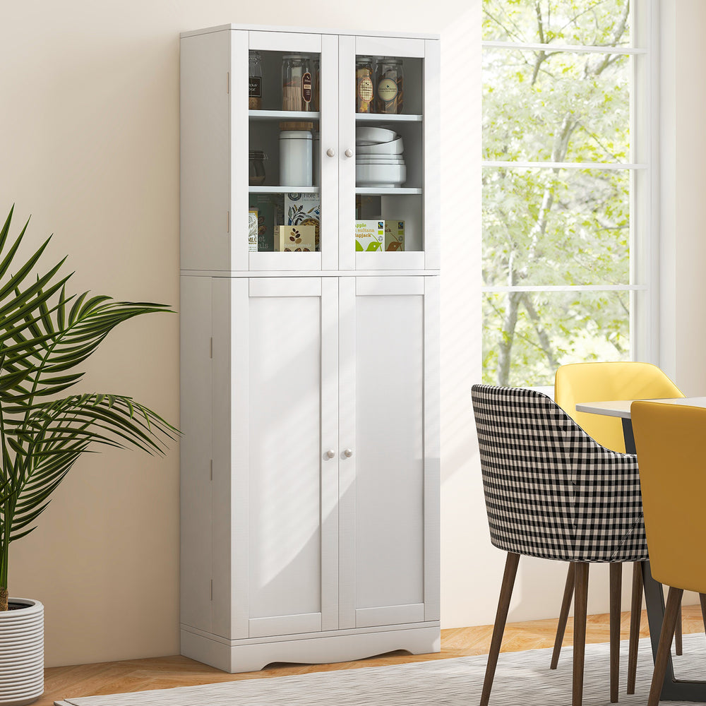 Tall Kitchen Pantry Cabinet with Dual Tempered Glass Doors and Shelves-White - Gallery View 1 of 10