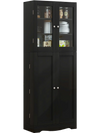 Tall black kitchen pantry cabinet with dual tempered glass doors and shelves, ideal for modern home storage solutions.