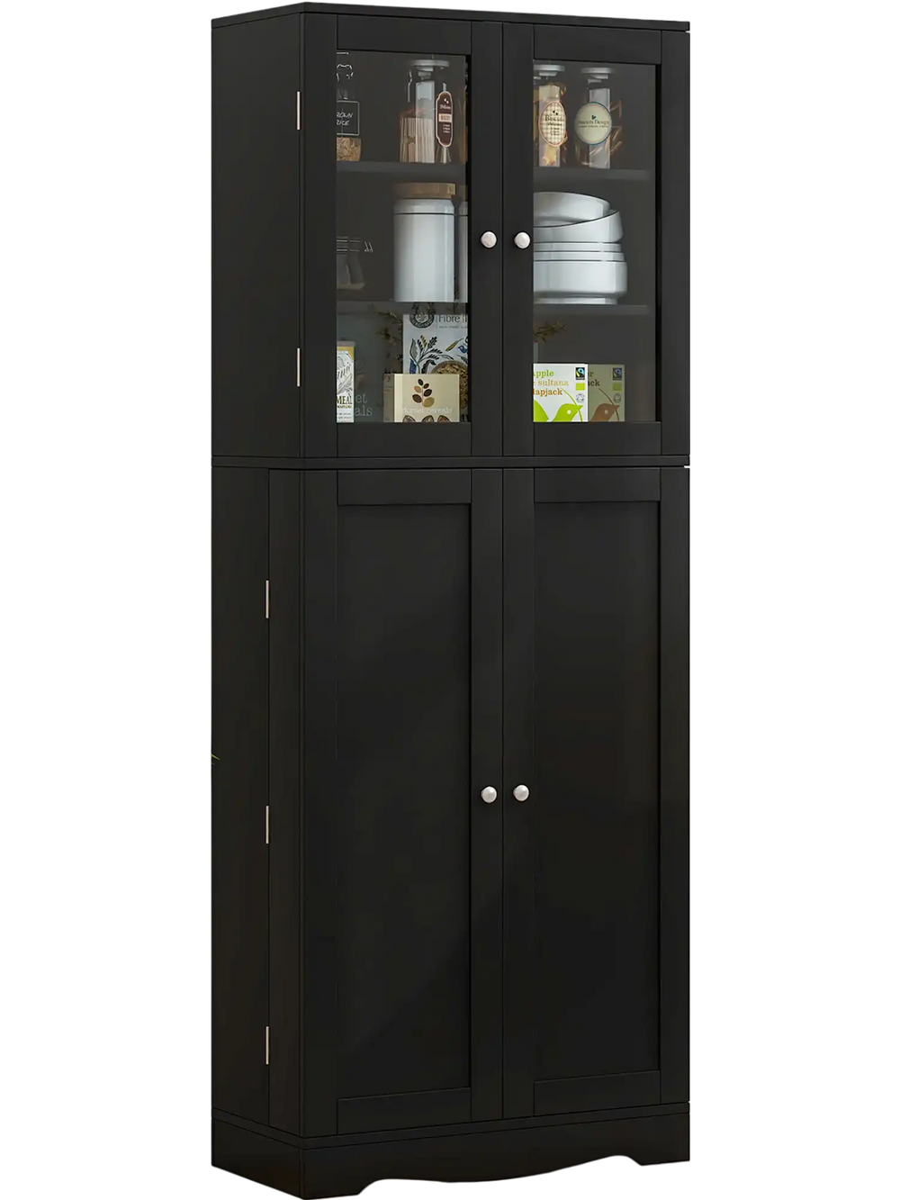 Tall black kitchen pantry cabinet with dual tempered glass doors and shelves, ideal for modern home storage solutions.
