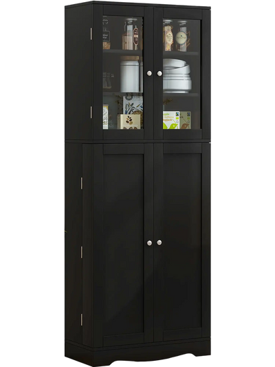 Costway Tall Kitchen Pantry Cabinet Dual Tempered Glass Doors Black 32748569 New