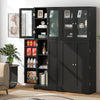 Tall black kitchen pantry cabinet with dual tempered glass doors and shelves, ideal for organized storage in any room.