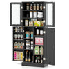 Tall kitchen pantry cabinet in black with dual tempered glass doors, featuring ample storage and a modern design for.