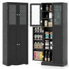 Tall black kitchen pantry cabinet with dual tempered glass doors, shelves, and ample storage for home organization.