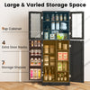Tall kitchen pantry cabinet in black with dual tempered glass doors, featuring 4 door racks and 7 storage shelves for.