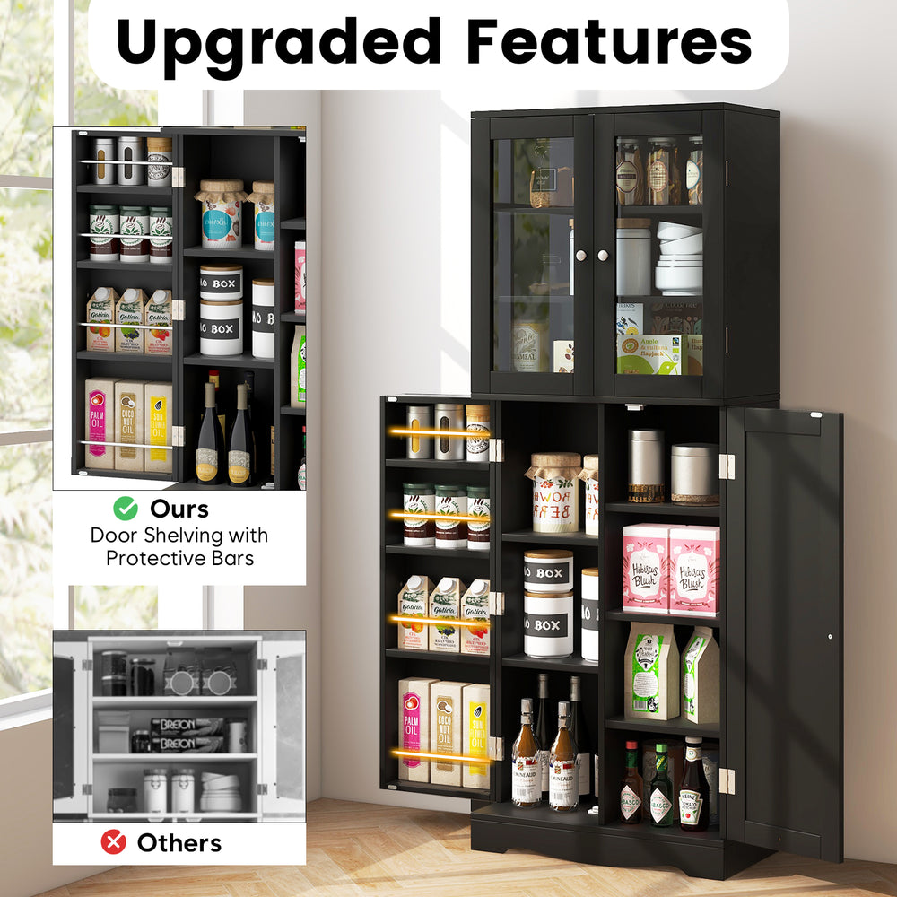 Tall kitchen pantry cabinet in black with dual tempered glass doors and shelves, ideal for modern home storage.
