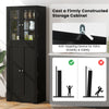 Tall black kitchen pantry cabinet with dual tempered glass doors and shelves, featuring an anti-toppling device for.