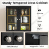 Tall black kitchen pantry cabinet with dual tempered glass doors, metal knobs, and magnetic catch for stylish storage.
