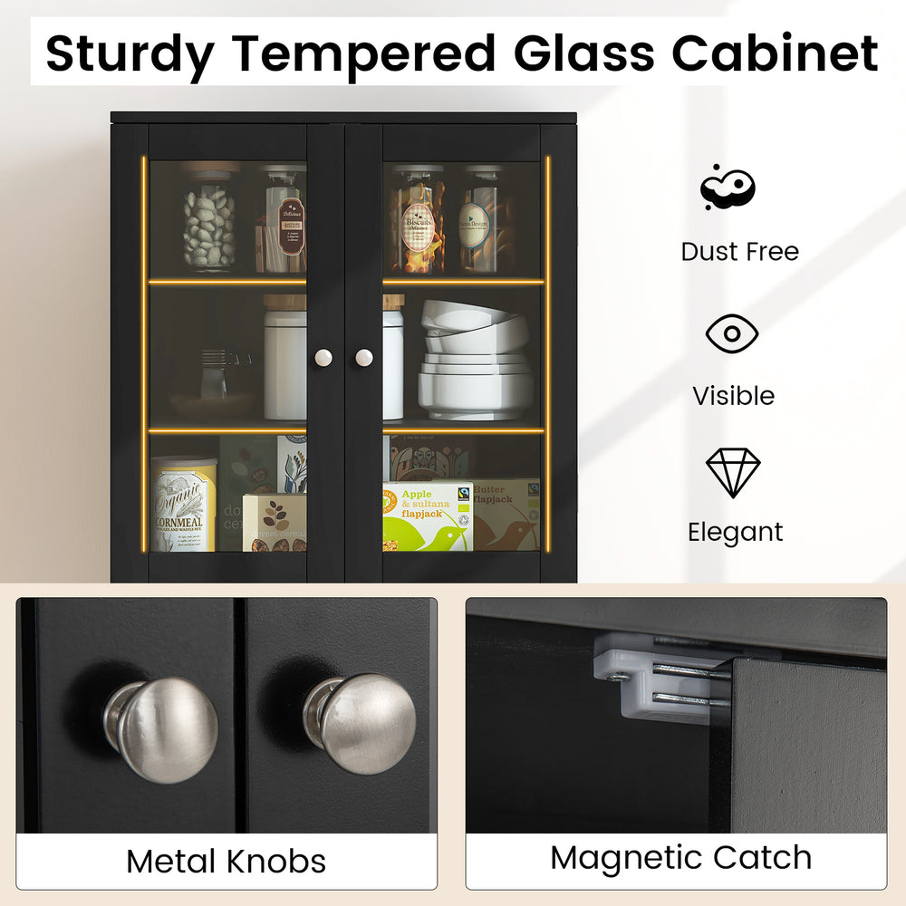 Tall black kitchen pantry cabinet with dual tempered glass doors, metal knobs, and magnetic catch for stylish storage.