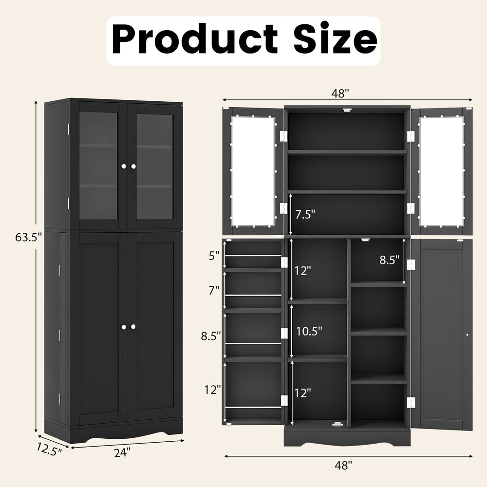 Tall kitchen pantry cabinet in black with dual tempered glass doors, featuring multiple shelves and a modern design.