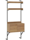 Narrow wall-mounted ladder shelf with a natural wood finish, featuring a storage cabinet and multiple tiers for.